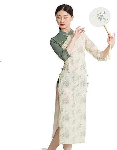 ROYAL SMEELA Chinese Qipao Dress for Women Cheongsam Mandarin Collar Chinese Dresses Traditional Clothes Patterned Dress, Beige, S