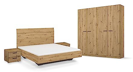 Rauch Möbel Florenz Schlafzimmer, Eiche Artisan, Holz, bestehend aus Bett mit Liegefläche 160x200 cm inklusive 2 Nachttische und Drehtürenschrank BxHxT 181x210x54 cm