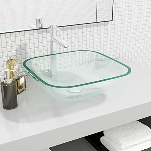 BaraSh Lavabo Verre 42x42x14 cm Transparent,Vasque À Poser Salle De Bain,Lavabo Salle De Bain