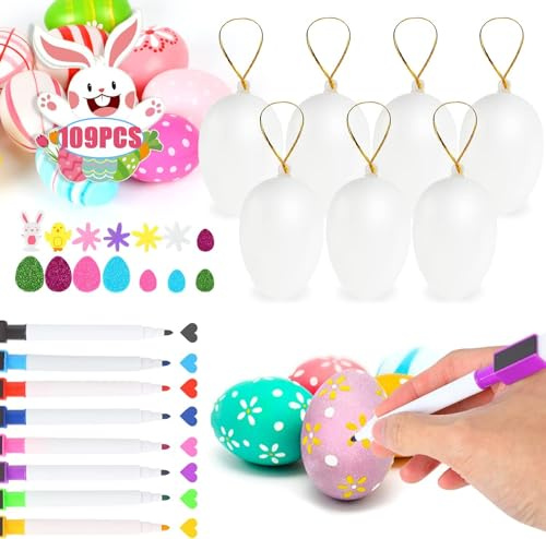 DERAYEE 20 Stück Ostereier Plastik Weiß Ostern Kunststoff Dekoeier DIY Osterdekoration mit 9 Stifte und Eva Aufkleber für Kinder Familie Ostern Party.