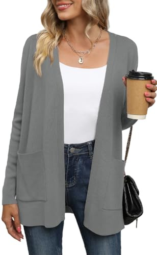 Yommay kofta för kvinnor elegant lös avslappnad lätt kvinnor höst långärmad tröja med fickor, Mörkgrå, 3XL plus size