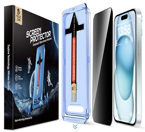 MAGIC JOHN Protector Pantalla de Privacidad para iPhone 15, 2 Piezas, Antiespia Cristal Vidrio Templado 9H, Alineación Automática para Una Instalación Rápida, Sin Burbujas, Antiarañazos