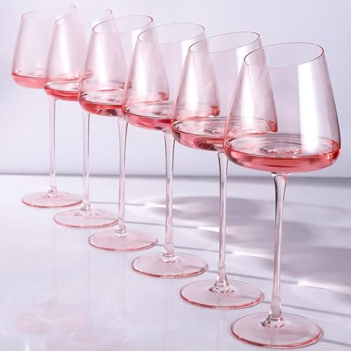 OUHT Copas de vino rosa rubor (juego de 6) | 18 onzas hechas a mano – Copas de vino de cristal de tallo largo para vino tinto | Diseño de borde inclinado | Elegante caja de regalo (rosa rubor)