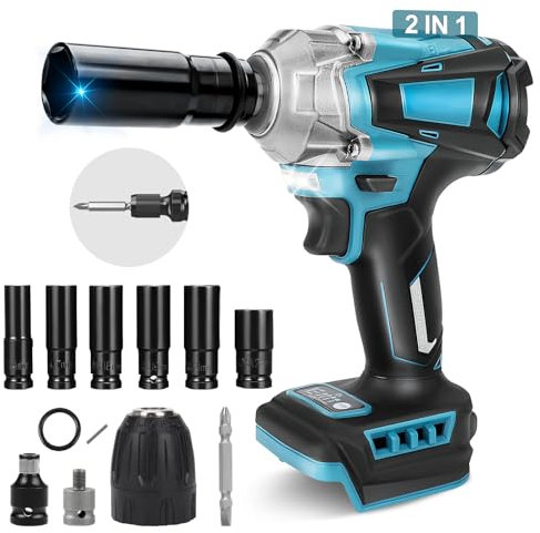 Akku Drehschlagschrauber kompatibel mit Makita 18V, 750 Nm, Schlagschrauber 1/2 zoll Achlagschrauber Bürstenloser Schraubenschlüssel mit Steckschlüssel Steckschlüsseladapter (ohne Akkus)