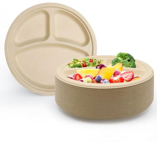 RZMZBY 50 Stücke 22.5cm Einwegteller mit 3 Unterteilung, Einweg Teller aus Zuckerrohr, Mikrowellengeeignet, Biologisch Abbaubar, für Party/Haushalt/Picknick - Beige