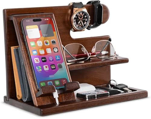 TESLYAR Handy-Dockingstation aus Holz für Männer – Schreibtischzubehör & Arbeitsplatz-Organizer – Nachttisch-Organizer – Geburtstagsgeschenk für Männer oder Väter – Idee für Jahrestag