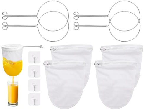 Kellegour 4 pcs Bolsa de Filtro de Alimentos de Algodón,Bolsa de Tamiz de Algodón,Bolsa de Leche de Nuez de con Soporte,Tela de Tamiz Reutilizable para Bebida Vegetal Café Té Vino Leche Mermelada
