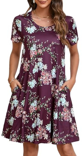 Enmain Abito Estivo Donna a Maniche Corte T-Shirt Vestiti con Tasche Casual Boho Lunghezza al Ginocchio Abito Donna, Borgogna, L