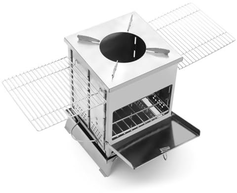 Qutsvosh 1 horno de barbacoa para camping, estufa de tienda de campaña con parrilla, estufa de leña portátil de acero inoxidable plateado