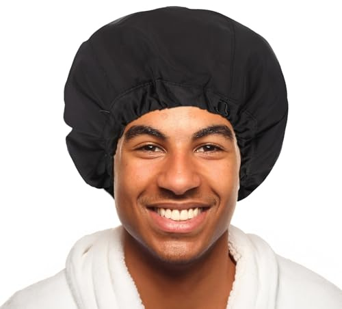 Qinayu Duschhaube für Herren, elastisch, verstellbar, schwarz, wasserdicht, Frottee-Futter, Haarhaube, groß, weich, wiederverwendbar, Haarkappe, karierter Saum, doppellagig, Hutabdeckung für Bad