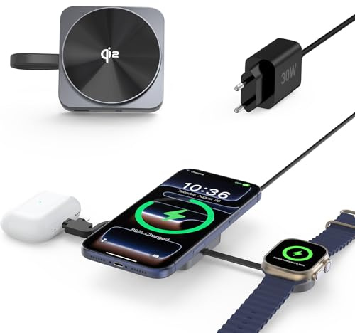 RoRoSkin 4-in-1 MagSafe Ladestation Apple Watch und iPhone, MagSafe Kompatibel 15W Qi2-Zertifiziertes Ladegerät, Faltbares Reise-Ladepad für iPhone 17/16/15/14/13/12, Apple Watch AirPods, 30W Netzteil