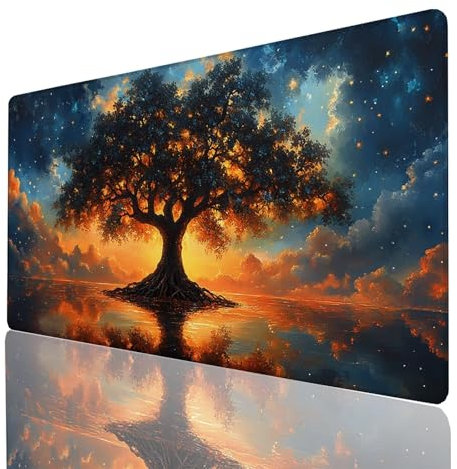 Tapis de Souris XXL 1400x600x3mm, Grand Tapis Bureau Ciel étoilé, Bords Cousus Antidérapant et Imperméable, Arbre Mouse Pad Compatible Clavier sans Fil et Souris sans Fil, Gaming Accessoire 332-GYL