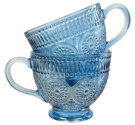 Alfie Francis Set of 2 Blue 'Vintage Style' Floral Pattern Pressed Glass Mugs for Hot Drinks Tea Coffee Cappuccino Lattes Hot Chocolate