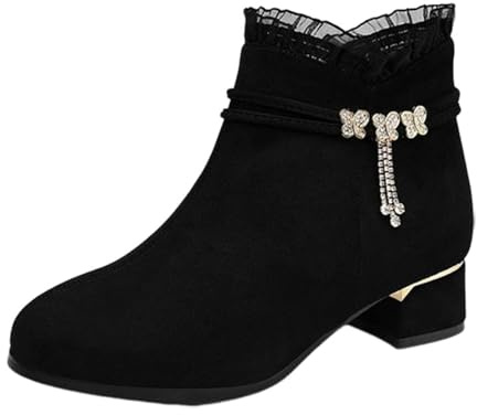 Generisch Ladies Fashion Solid Suede Front Boots Side Zip Chunky Heel Short Boots Jack Women's Ankle Boots Black, black, 6 UK