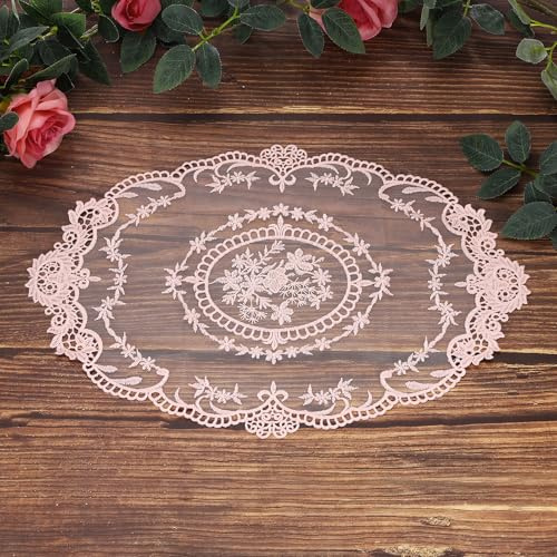 sourcing map 2 Pcs Lace Placemats, 12x16-in Vintage Table Doilies Oval Embroidered Crochet Lace Dolly Cup Mat for Table Vase Home Decor, Pink