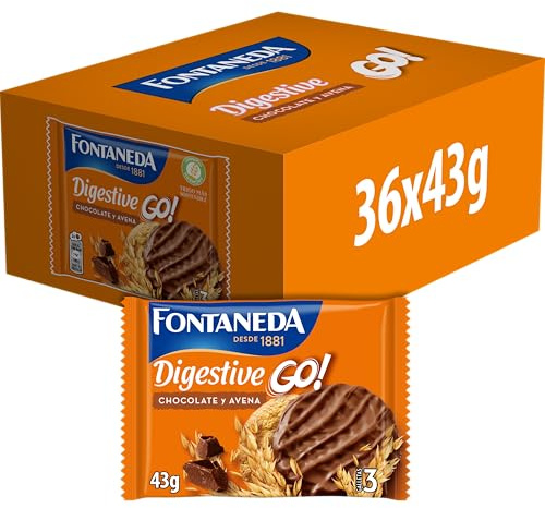 Fontaneda Galletas Digestive Go! Chocolate y Avena, 36 x 43g | Galletas Digestive con chocolate y avena, ricas en fibra, ideales para desayunos y meriendas