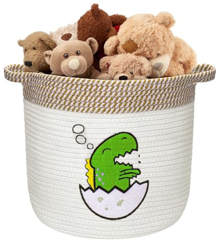 Huiguli Grand Panier Rangement pour Jouets, Coton Panier Corbeille A Linge avec Poignées pour Couverture, Panier Corde de Coton Fabriqué, Dinosaures Beige 30x30cm (Dinosaures)