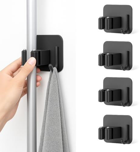 MIQUEP®️ 4 Colgador escobas y fregonas adhesivo elegante | soporte escobas pared sin taladro, ganchos para colgar escobas para limpieza hogar.