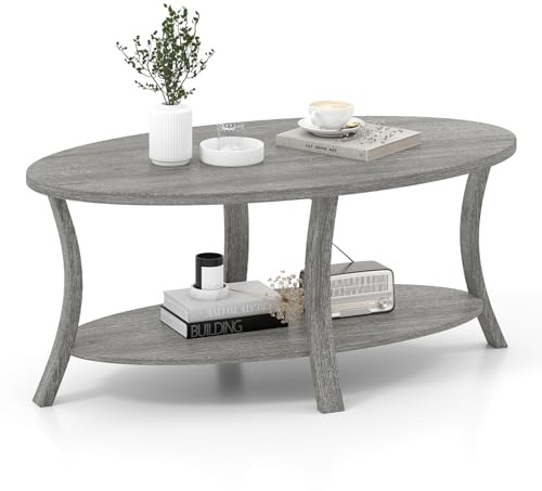 COSTWAY Soffbord, Ovalt Vardagsrumsbord Med Hylla, 2 Våningar Sidobord, För Vardagsrum, Kontor, Receptionsområde, 111 X 60,5 X 47 Cm (Grå)
