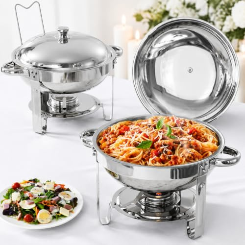 TLGREEN 2er Set Rund Chafing Dish Set 5L X 2, Wasserbad Speisenwärmer, Edelstahl Buffet Warmhaltebehälter, Suppe Chafing Dish für Catering, Buffets, Weihnachtsfeiern und Schulen