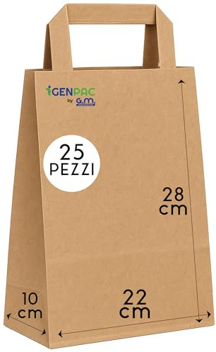 GM – 25 Shopper Carta Avana 22+10x28h cm con Manici Piatti in Carta, Buste Resistenti per Oggetti, Articoli Regalo, Cosmetica, Accessori, Boutique, Negozi Retail e Asporto Professionale
