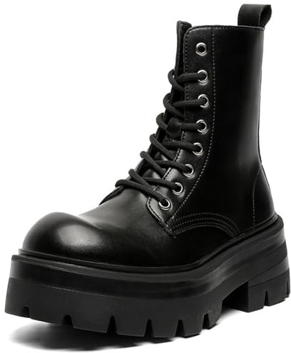 CrazySavage Men's Black Leather Lace-up Platform Combat Boots Wide Toe Side Zipper Chunky Heel Lug Sole Ankle Booties Comfort High Top Waterproof Biker Boots (8.5,Black B)