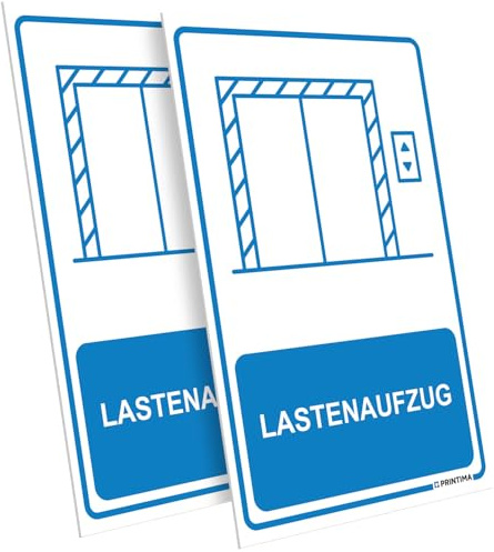 PRINTIMA 2er Set PVC Schild „LASTENAUFZUG“ 21x32 cm – Hinweisschild mit Montagedübeln – Aufzugbeschilderung für Betriebe, Lager, Hotels, Gastronomie und öffentliche Gebäude