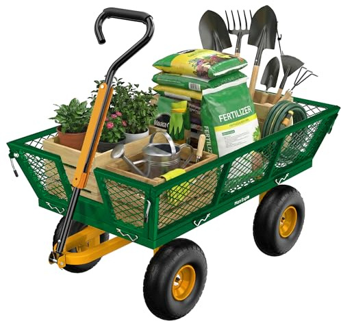 Mars Explo 900 Lbs Heavy Duty Steel Garden Cart, Outdoor Metal Garden Wagon On Wheels, Utility Yard Cart with Mesh Removable Sides(Convert to Flatbed) and Removable Handle to Wheel Barrow, Green