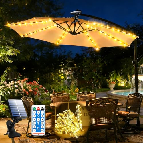 Lampes Solaires pour Parasol, Lampes pour Parasol Solaire, Lampes solaires pour Parasol de Terrasse, 104 LEDS 8 Modes Eclairage Lumières De Parasol avec Télécommande pour Extérieure Tente Camping