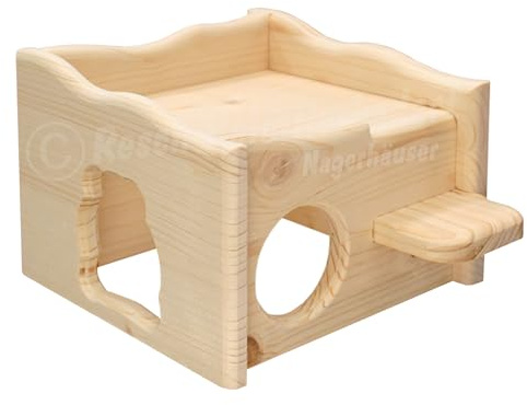 Resch Nr25 Hamsterruine Naturbelassenes Massivholz aus Fichte mit 2 EIN-/Ausgängen und einem Aufgang zur großen Dachterrasse 21 x 13 x 17 cm (LxHxB)
