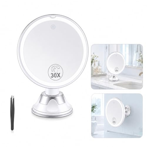 MIYADIVA Magnifying Mirror with Light 30X, 360° Rotating Suction Cup for Bathroom Wall-Mounted Mirrors, 3 Color Modes with Adjustable Brightness, 8 Inches for Bedroom Tabletop Vanity Makeup