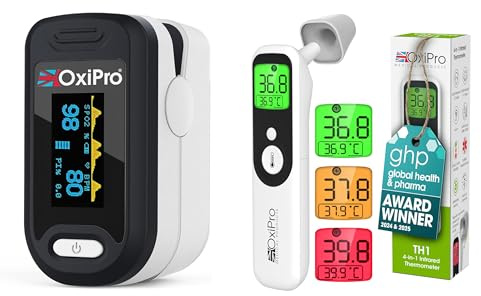 OxiPro Pulse Oximeter and Infrared Thermometer Bundle – Fingertip Blood Oxygen Saturation SpO2 Monitor with In Ear and Forehead Thermometer for Adults Children and Baby Temperature Monitoring