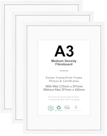 ATOBART Bilderrahmen A3 MDF Weiß,3er Set 29.7x42cm | rahmen MDF Holz mit Acrylglas aufhängen und aufstellen,für Fotos, Kunstwerke und Poster