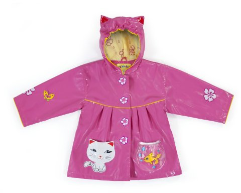 Kidorable Pink Lucky Cat PU All-Weather Raincoat for Girls w/Fun Ears, Flowers, Fish Bowl Pocket, Pink, 5-6