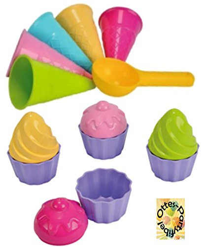 HHO Sandspielzeug: 5 Eistüten + 1 Portionierer + 8tlg. Cup Cake Sandförmchen Sandkasten Kindergarten