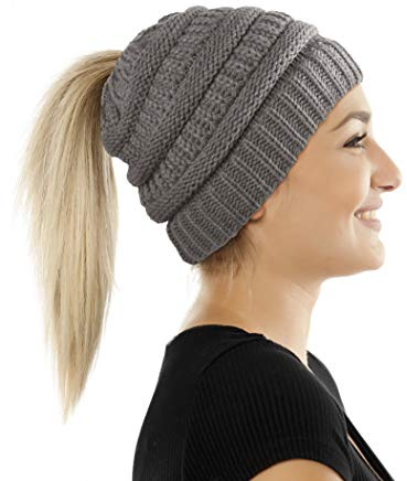 Balinco Damen & Mädchen Strickmütze mit Zopfloch für Ihren Pferdeschwanz - gestrickte Wintermütze (5a)