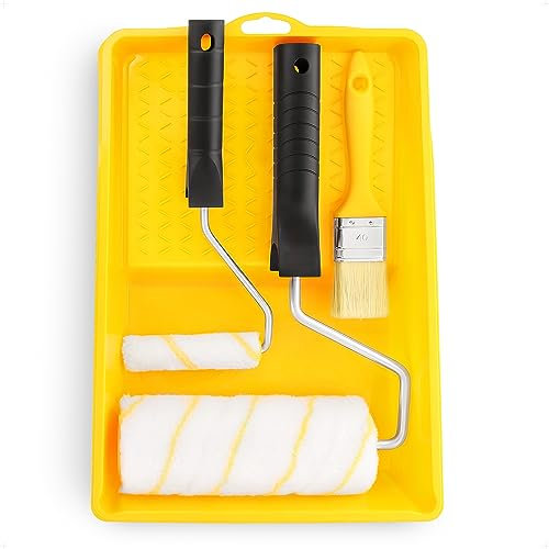 BILBAU Farbroller-Set mit Farbwanne und Pinsel zum Streichen von Wänden und Zäunen, bestehend aus Farbwanne, zwei Farbroller aus Polyacryl und Pinsel