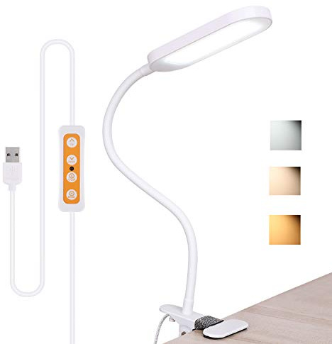 aiyidi Clip On Reading Light, Eye-Care Dimmable Desk Clamp Lamp with 3 Color Temperature Brightness Adjustable Flexible Gooseneck Bed Light for Study, Reading and Relaxing (White)