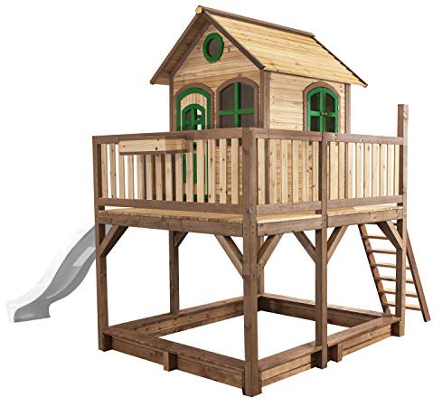 AXI Spielhaus Liam mit Sandkasten & weißer Rutsche | Stelzenhaus XXL in Braun & Grün aus FSC Holz für Kinder | Spielturm mit Wellenrutsche für den Garten