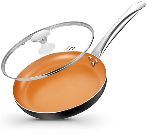KOCH SYSTEME CS 10in Copper Nonstick Frying Pans with Lids and Titanium Ceramic Interior,100% PFOA-Free Saute Pan/Skillet for All Stove Tops,Stainless Handle,Omelet Pan Cookware