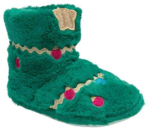 DUNLOP Ladies Christmas Bootie Slippers Xmas Tree Faux Fur Fun Festive Boot Green, 3/4 UK