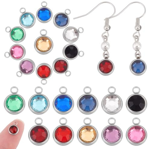UNICRAFTALE 22 Stück, 11 Farben, Anhänger aus Strass, Geburtsstein, Edelstahl, flach, rund, facettiert, Charms für die Herstellung von Schmuck, zum Selbermachen, Loch 1,3 mm