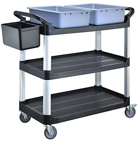 BPT Carrello da servizio con 3 ripiani, portata 250 kg, carrello per la pulizia in ristorante, hotel e cucina, carrello per la pulizia (carrello di servizio con vasca e secchio)