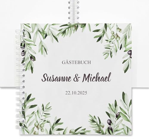 Gästebuch Hochzeit Olivenzweig personalisiert blanko 25x25 cm, Ringbuch mit Spiralbindung, mediterranes Hochzeitsgästebuch, Fotoalbum Olivenzweige, Feenstaub