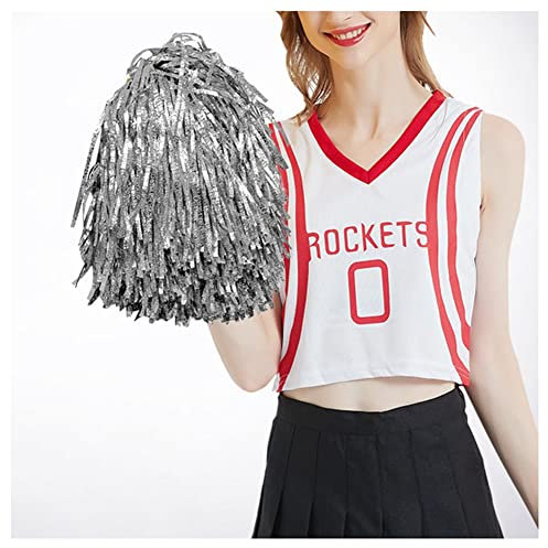 SHTGOI 4 Stück Cheerleading Pompons Metallfolie Cheerleader Pom Poms Cheers Blumenball mit Ring Hell Bunt Tanzpuschel Handblumen für Tanzparty Schule Sport Wettbewerb Karnevalspartys Silber