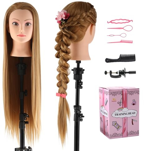 Frisierkopf Friseur Echthaar 100% Synthetisches Haar Friseurkopf übungskopf Friseur 26” Trainingsköpfe Puppenkopf Friseur Kopf Mit Halter + DIY Haare Set