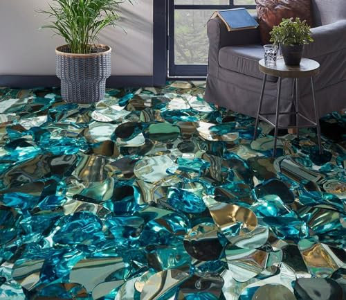 Selbstklebende Bodentapete 3D-Wandbilder aus blauem Steinboden, 350 x 245 cm Bodenfliesen Aufkleber Wohnzimmer Studie Bodenbelag Tapete, Epoxidharz