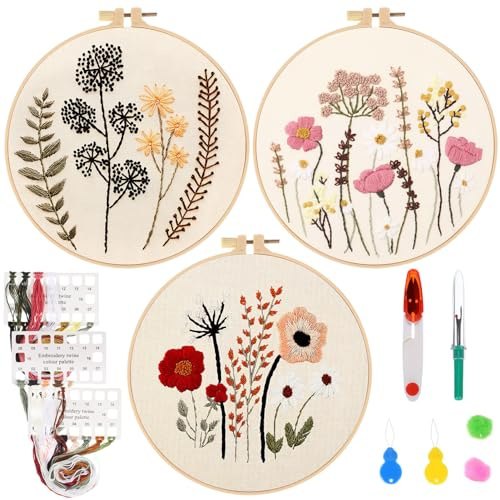 EXCEART Stickrahmen Hand-Diy-Kreuzstich-Sets Pflanzen Blumen Stickmuster Und Fäden 1 Set Für Anfänger