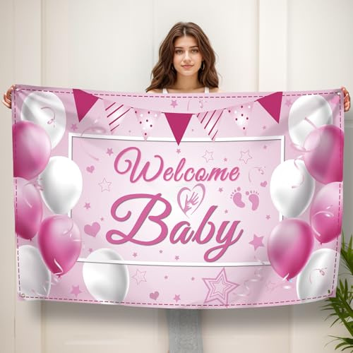 Koliphy Willkommen Baby Girl Banner für Babyparty, Baby Shower, Kindergeburtstag Dekoration Rosa