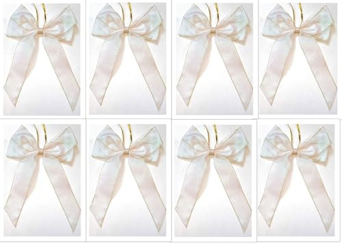 CaPiSo Schleife Handarbeit 20x30cm Fertigschleife Geschenkschleife OHNE BASTELN Glitzerschleife Lammee Schleife Weihnachtsbaum (Weiss-Gold, 8 Stück)